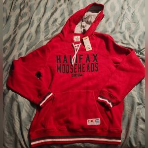 Halifax Mooseheads QMJHL Stacked Logo On The Sleeve Red CCM Hoodie NWT  Size L